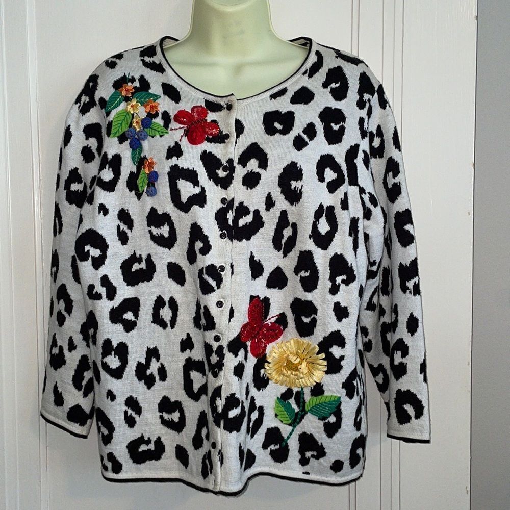 Marisa Christina black/white animal print cardigan with beading & embroidery
